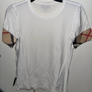 Burberry White Short Sleeve Tee with Plaid Sleeves